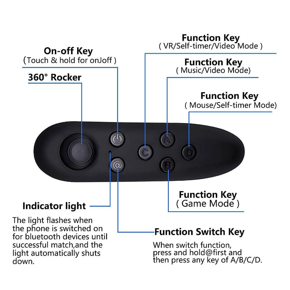 VR Remote Controller Bluetooth Gamepad Control Video Game Selfie E-Book Nook Page Mouse Virtual Reality Headset PC Tablet Laptop iPhone Smart Phone